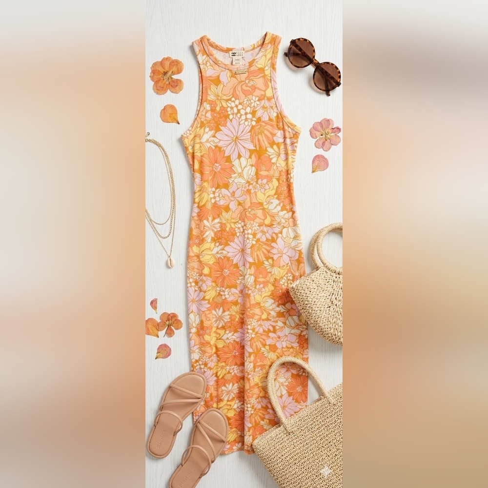 Billabong Lovers Wish Midi Dress - Retro Floral Print - Size Medium - Picture 2 of 7